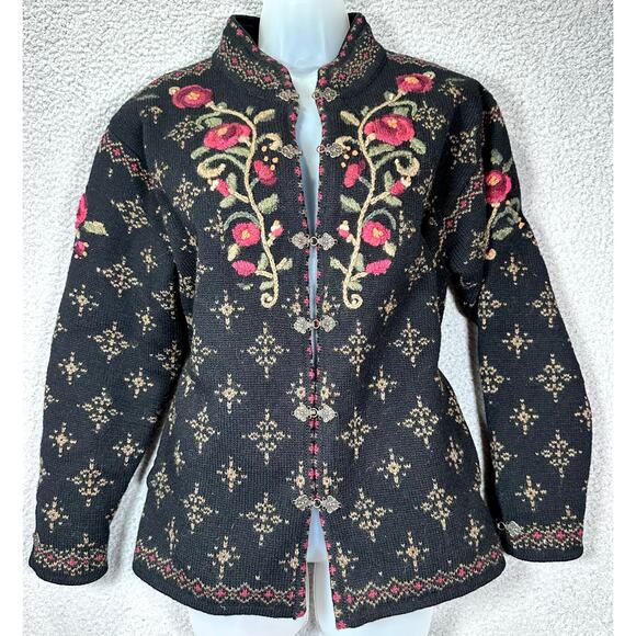 VTG Icelandic Design Wool Sweater Women’s Medium Lined Clasp Hooks Rose Grandma - Picture 11 of 16